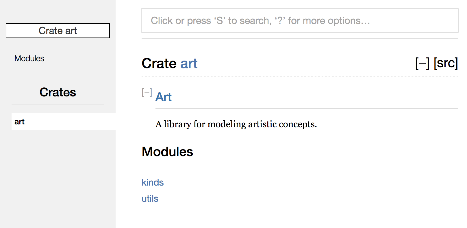 Rendered documentation for the `art` crate that lists the `kinds` and `utils` modules